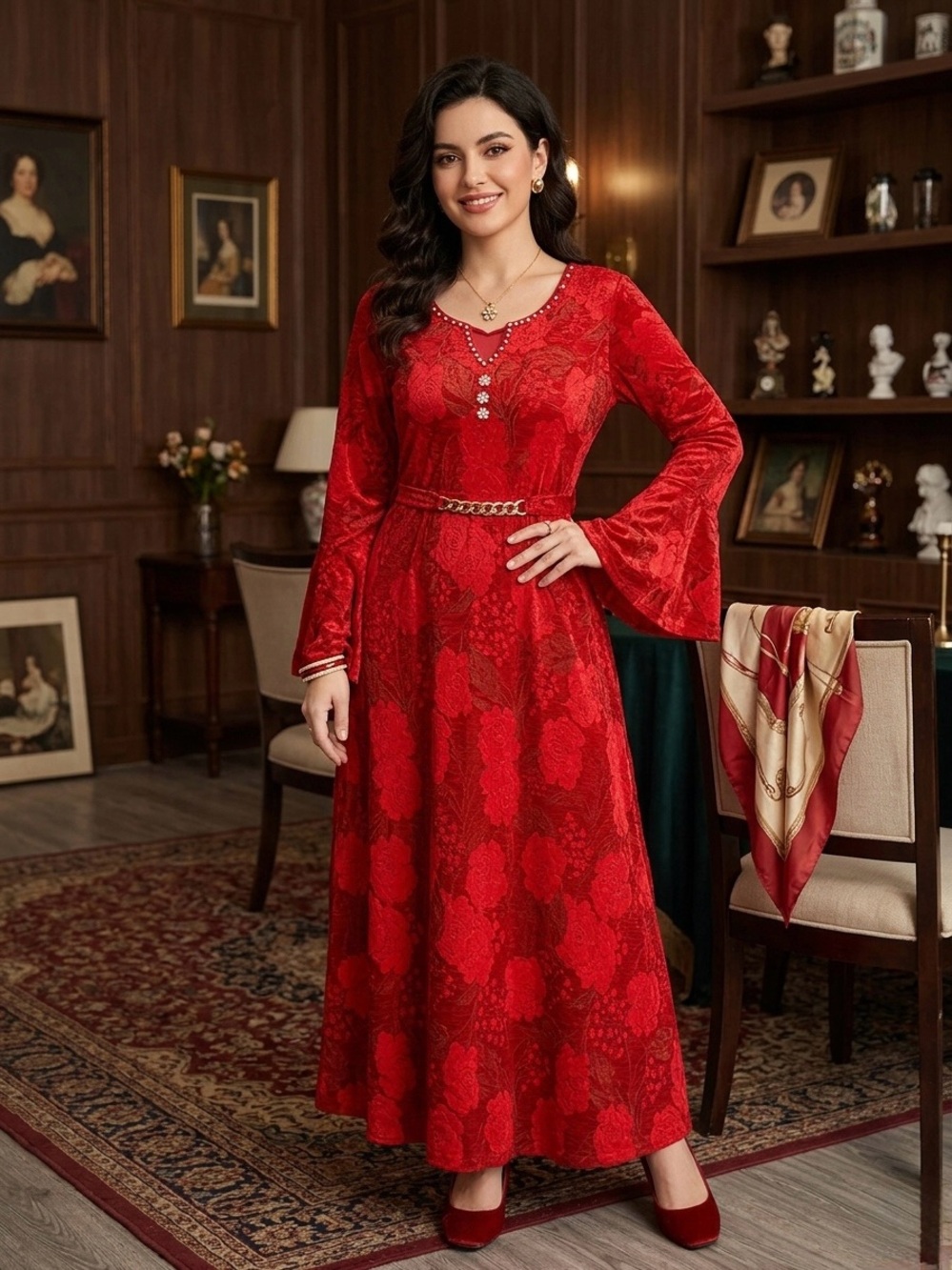 Women's Red Long Sleeve Maxi Dress with Subtle Floral Texture
